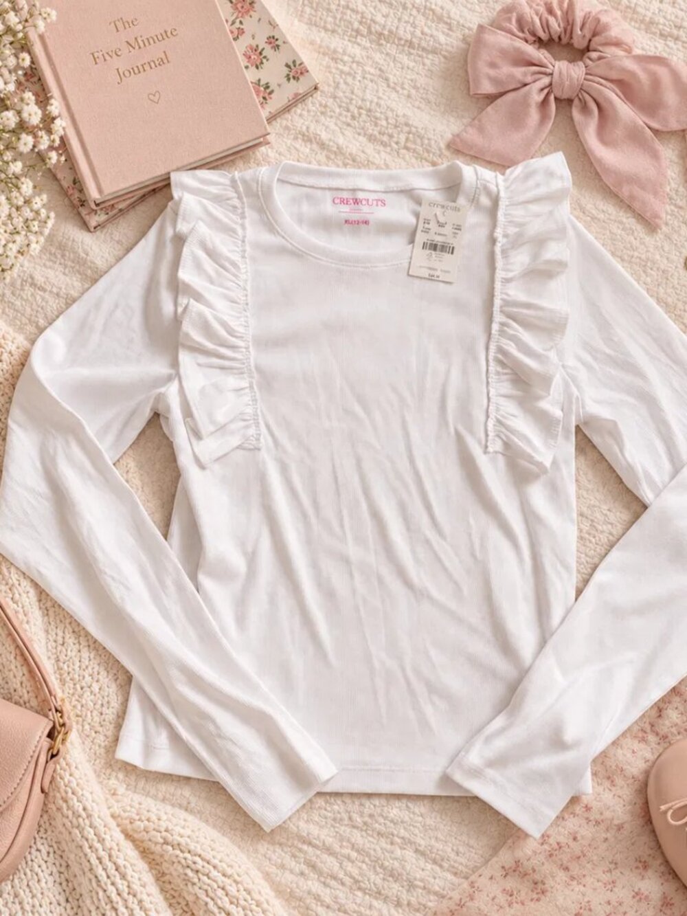 NWT J.Crew Girls Long-Sleeve Ruffle Tee White